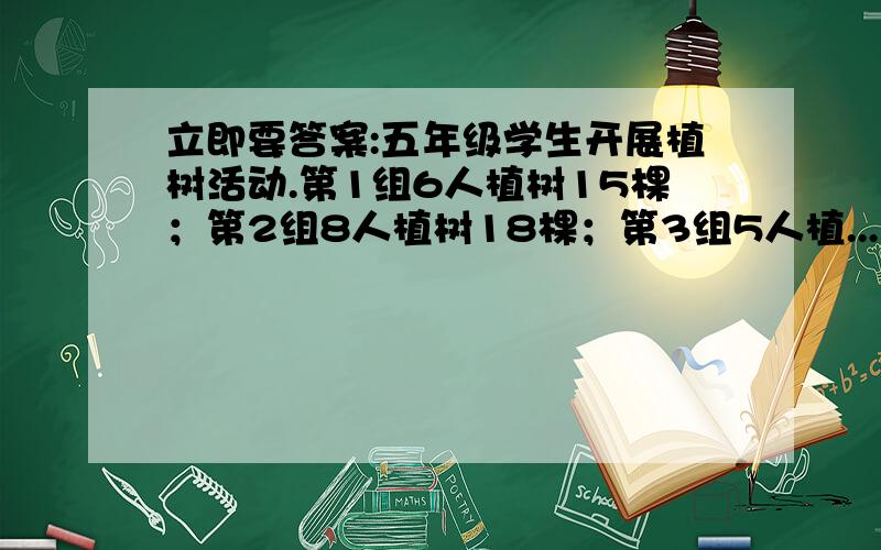 立即要答案:五年级学生开展植树活动.第1组6人植树15棵；第2组8人植树18棵；第3组5人植...立即要答案:五年级学生开展植树活动.第1组6人植树15棵；第2组8人植树18棵；第3组5人植树14棵.哪一组