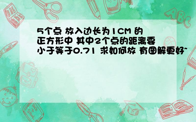 5个点 放入边长为1CM 的正方形中 其中2个点的距离要小于等于0.71 求如何放 有图解更好~