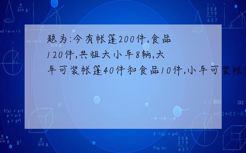 题为:今有帐篷200件,食品120件,共租大小车8辆,大车可装帐篷40件和食品10件,小车可装帐篷食品各20件,求可安排几种方案租车?