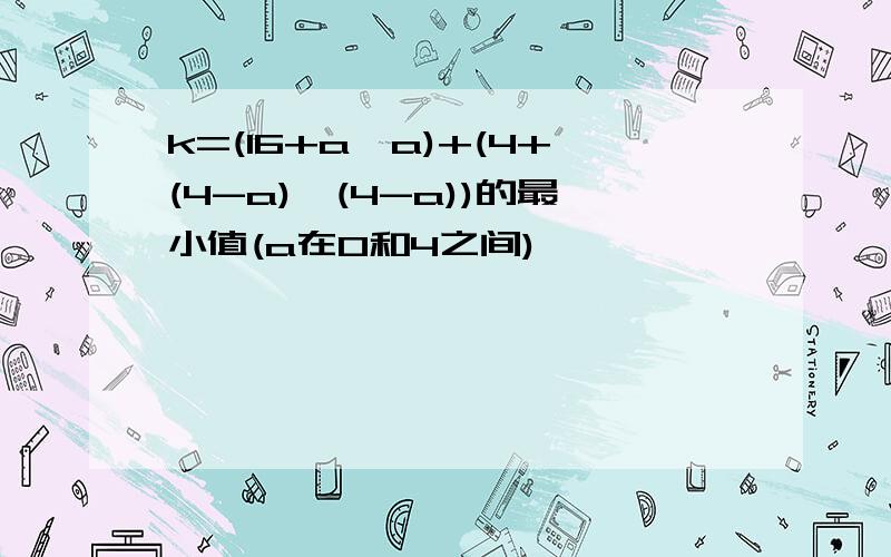 k=(16+a*a)+(4+(4-a)*(4-a))的最小值(a在0和4之间)