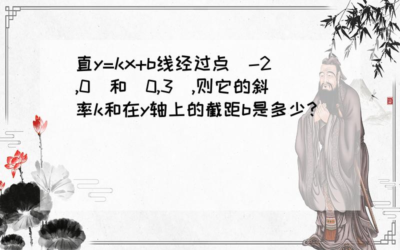 直y=kx+b线经过点（-2,0）和（0,3）,则它的斜率k和在y轴上的截距b是多少?