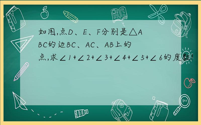 如图,点D、E、F分别是△ABC的边BC、AC、AB上的点,求∠1+∠2+∠3+∠4+∠5+∠6的度数!