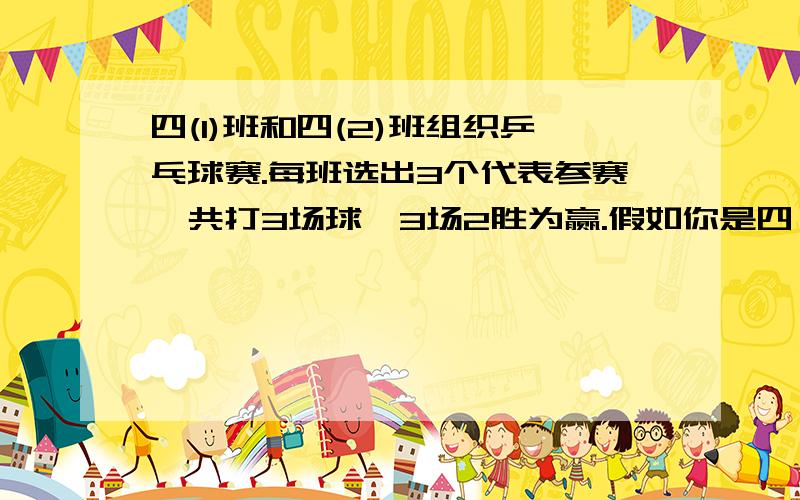 四(1)班和四(2)班组织乒乓球赛.每班选出3个代表参赛,共打3场球,3场2胜为赢.假如你是四（2）班的同学,怎样安排本班的3名选手出场比赛,才能有更大可能赢这次比赛?（每班的3个代表实力都不