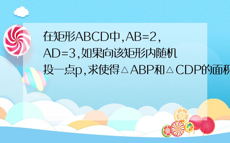 在矩形ABCD中,AB=2,AD=3,如果向该矩形内随机投一点p,求使得△ABP和△CDP的面积都不小于1的概率.