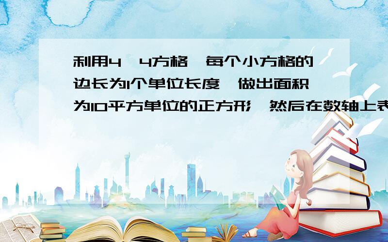 利用4×4方格,每个小方格的边长为1个单位长度,做出面积为10平方单位的正方形,然后在数轴上表示实数  根号10与负根号10.