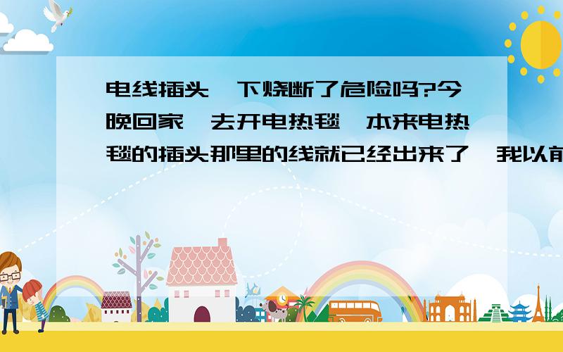 电线插头一下烧断了危险吗?今晚回家,去开电热毯,本来电热毯的插头那里的线就已经出来了,我以前就用绝缘胶布沾了一下,沾了很多,我想没有问题了,今天要我家小孩去插电热毯,