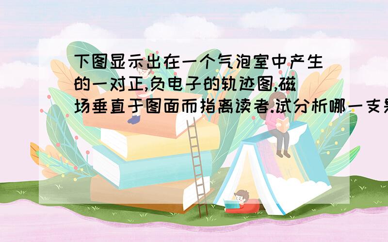 下图显示出在一个气泡室中产生的一对正,负电子的轨迹图,磁场垂直于图面而指离读者.试分析哪一支是电子的轨迹,哪一支是正电子的轨迹?为何轨迹呈螺旋形?