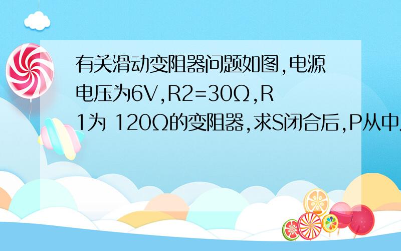 有关滑动变阻器问题如图,电源电压为6V,R2=30Ω,R1为 120Ω的变阻器,求S闭合后,P从中点向右端滑动时,电流表示数的变化范围.答案给的0.3A～0.25A,0.25是怎么来的,滑片到最右边不是把R2短路了吗