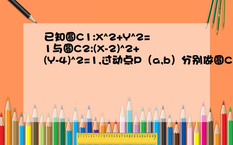 已知圆C1:X^2+Y^2=1与圆C2:(X-2)^2+(Y-4)^2=1,过动点P（a,b）分别做圆C1C2C的切线PMPN（MN为切点）引用“若PM=PN,则根号（a^+b^2)+根号（（a-5）^2+(b+1)^2)的最小值为 连接C1M、C2N、PC1、PC2则C1M⊥PM、PC2⊥PN、C