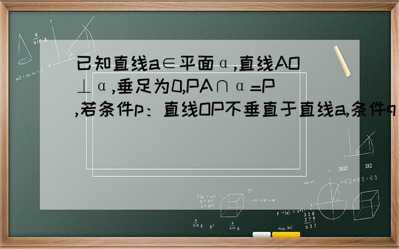 已知直线a∈平面α,直线AO⊥α,垂足为0,PA∩α=P,若条件p：直线OP不垂直于直线a,条件q：直线AP不垂直