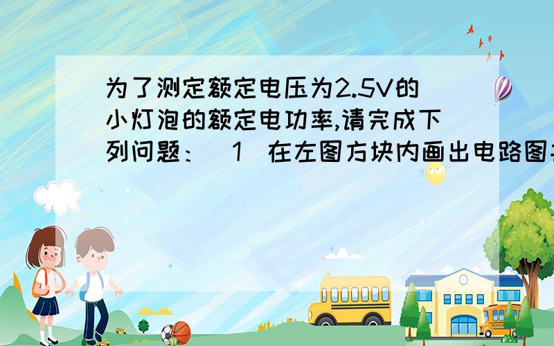 为了测定额定电压为2.5V的小灯泡的额定电功率,请完成下列问题：（1）在左图方块内画出电路图并在滑动变阻器上标明ab端（2）闭合开关前,滑动变阻器的滑片P应置于______端（3）估计小灯泡