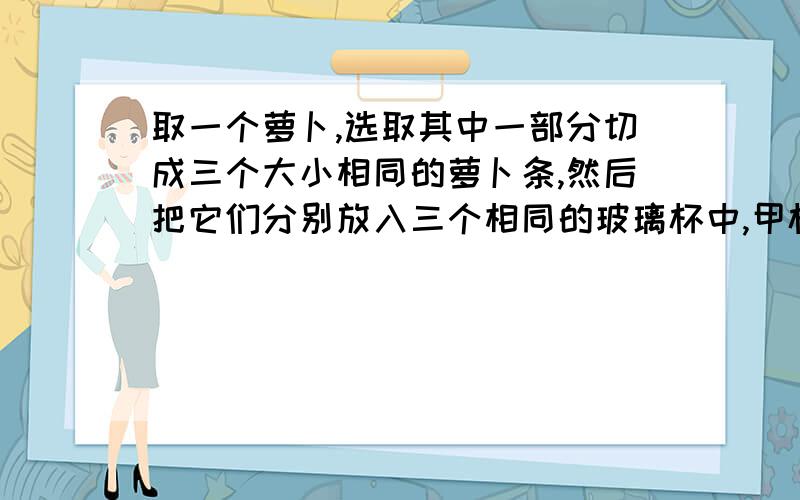 取一个萝卜,选取其中一部分切成三个大小相同的萝卜条,然后把它们分别放入三个相同的玻璃杯中,甲杯中盛有清水（水量能把萝卜条完全淹没）,乙杯中盛有等量的盐水,丙为空杯.1小时后,再