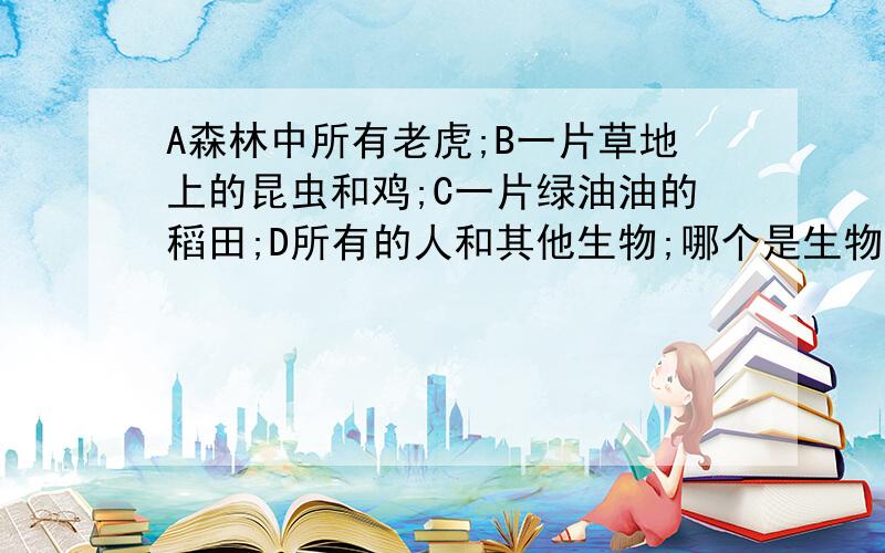 A森林中所有老虎;B一片草地上的昆虫和鸡;C一片绿油油的稻田;D所有的人和其他生物;哪个是生物群落?