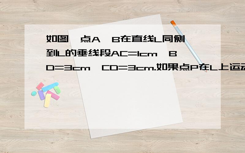 如图,点A,B在直线L同侧,到L的垂线段AC=1cm,BD=3cm,CD=3cm.如果点P在L上运动,那么点P在什么位置时,线段PA如图,点A、B在直线L同侧,到L的垂线段AC=1cm,BD=3cm,CD=3cm.如果点P在L上运动,那么点P在什么位置时,