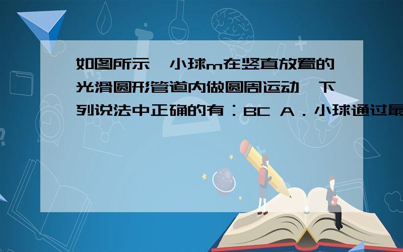 如图所示,小球m在竖直放置的光滑圆形管道内做圆周运动,下列说法中正确的有：BC A．小球通过最高点的最小速度为gRB．小球通过最高点的最小速度为零C．小球在水平线ab以下管道中运动时,