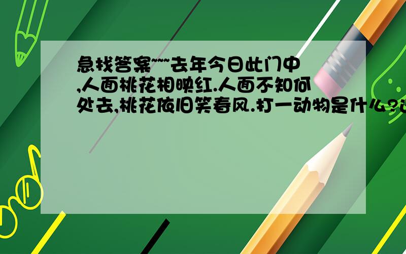 急找答案~~~去年今日此门中,人面桃花相映红.人面不知何处去,桃花依旧笑春风.打一动物是什么?这个问题对我很重要,大家一定要快点帮我回答呀!~谢了~