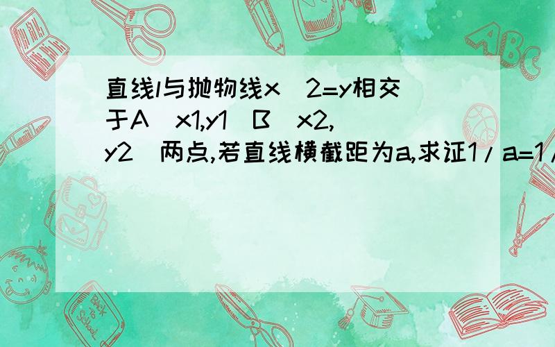 直线l与抛物线x^2=y相交于A（x1,y1）B（x2,y2）两点,若直线横截距为a,求证1/a=1/x1+1/x2