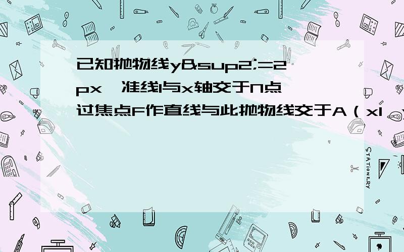 已知抛物线y²=2px,准线l与x轴交于N点,过焦点F作直线与此抛物线交于A（x1,y1）,B（x2,y2）,使AB⊥AN,M是点B在x轴上的射影1.证明：4x1x2=p²2.|x1-x2|的值（用p表示）3.求证：∠MAB=∠MBA