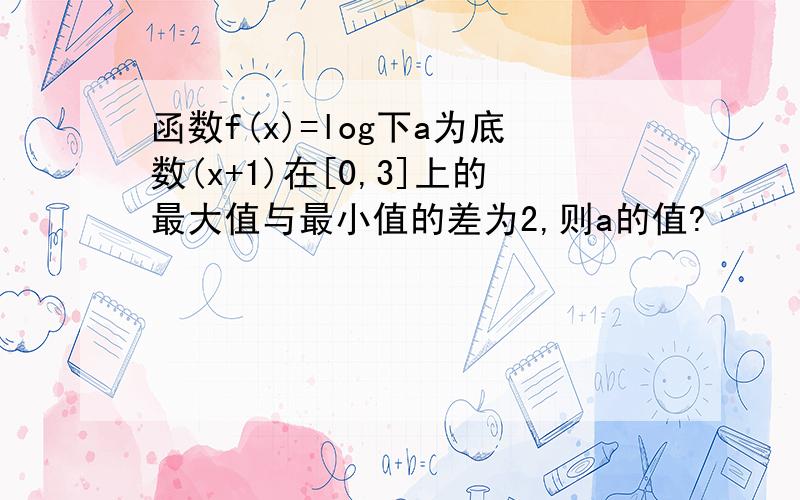 函数f(x)=log下a为底数(x+1)在[0,3]上的最大值与最小值的差为2,则a的值?