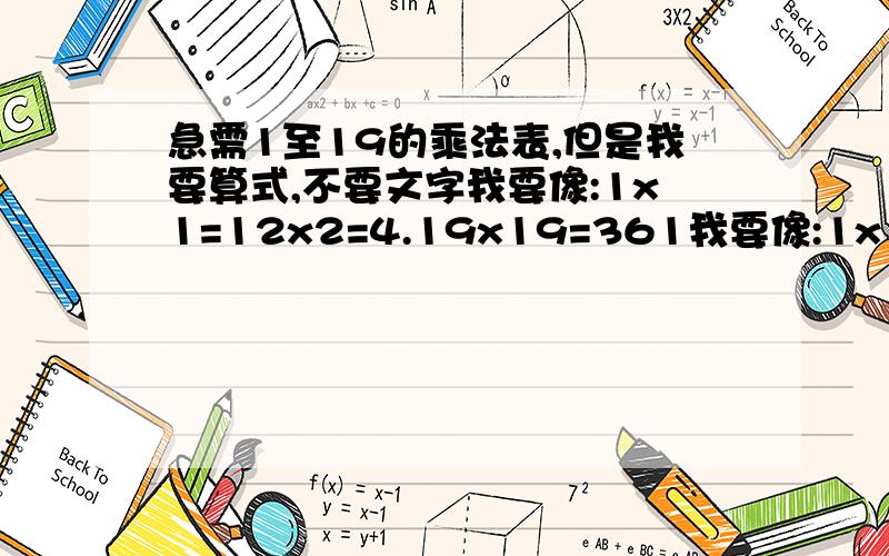 急需1至19的乘法表,但是我要算式,不要文字我要像:1x1=12x2=4.19x19=361我要像:1x1=1 2x2=4......19x19=361