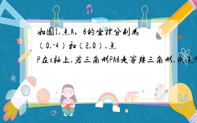 如图1,点A、B的坐标分别为（0,-4）和（2,0）,点P在x轴上,若三角形PAB是等腰三角形,求点P的坐标.