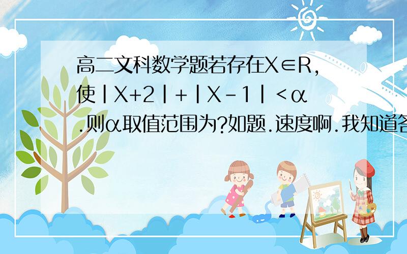 高二文科数学题若存在X∈R,使|X+2|+|X-1|＜α.则α取值范围为?如题.速度啊.我知道答案,求解析.答案为 （3，+∞）