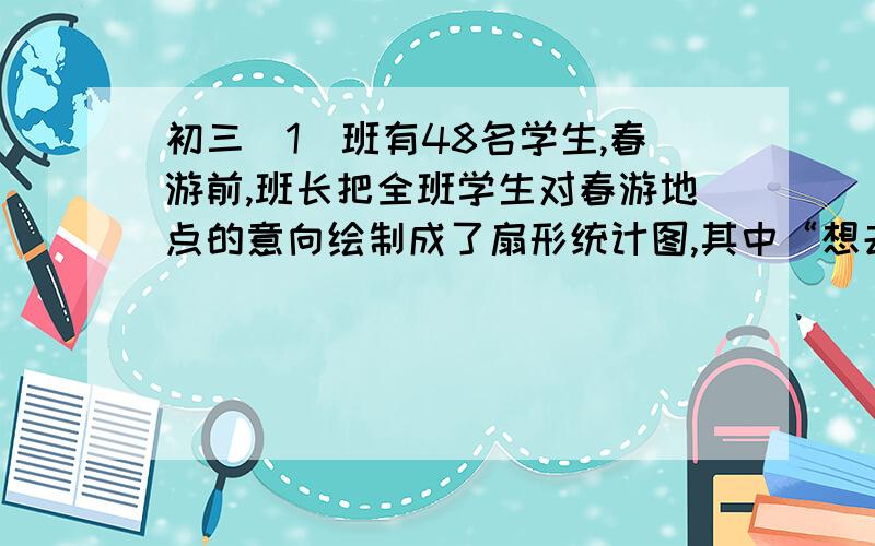 初三(1)班有48名学生,春游前,班长把全班学生对春游地点的意向绘制成了扇形统计图,其中“想去野生动物园的学生数”的扇形圆心角为120度,请你计算想去其他地点的学生有－－人?