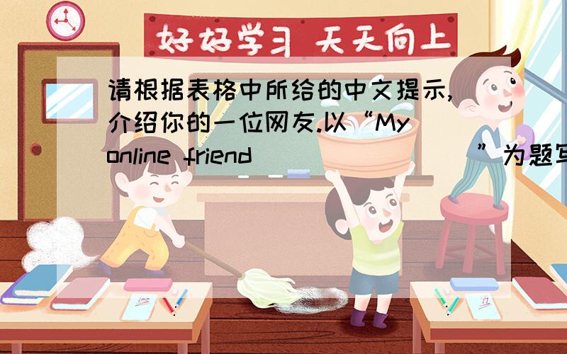 请根据表格中所给的中文提示,介绍你的一位网友.以“My online friend ________”为题写一篇短文.1）字数在80左右,不得出现真实校名和姓名.2）文中须包括所有提示的内容,每个方面都可适当加以