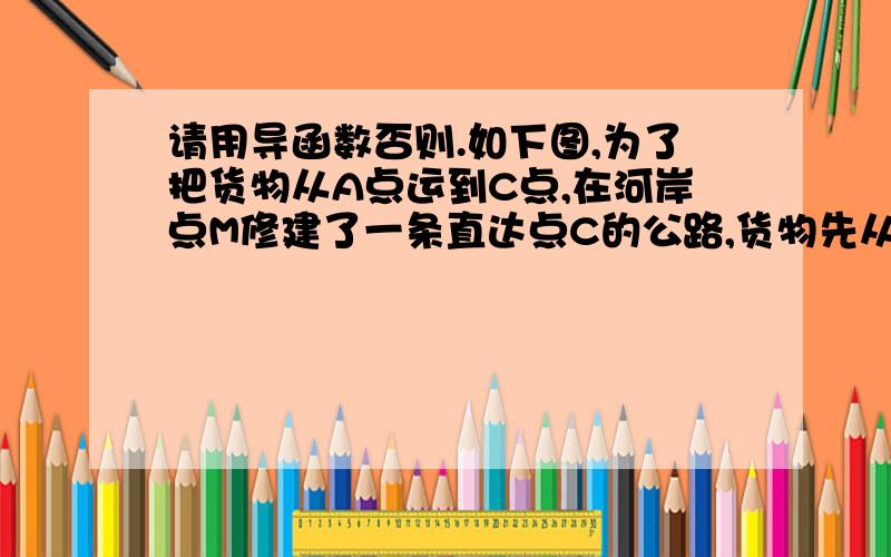 请用导函数否则.如下图,为了把货物从A点运到C点,在河岸点M修建了一条直达点C的公路,货物先从点A由水路运到点M,再沿公路MC运到点C.已知AB=50千米,C到B的距离为10㎞,每千米水路运费为2a元,公