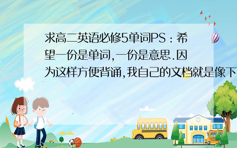 求高二英语必修5单词PS：希望一份是单词,一份是意思.因为这样方便背诵,我自己的文档就是像下面这个样子。但我希望能把中英文分开，中文用来默写单词（就像单词卡一样），英语用来背