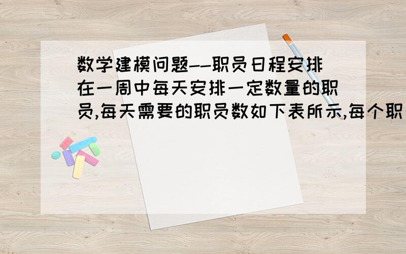 数学建模问题--职员日程安排在一周中每天安排一定数量的职员,每天需要的职员数如下表所示,每个职员每周连续工作五天,休息两天.每天付给每个职员的工资是200元.星期 一 二 三 四 五 六