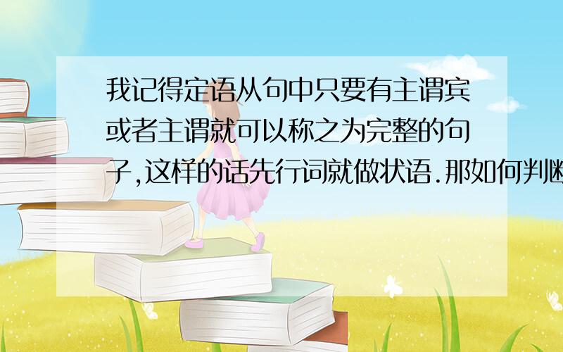 我记得定语从句中只要有主谓宾或者主谓就可以称之为完整的句子,这样的话先行词就做状语.那如何判断从句中没有宾语是不是完整的句子?例如这句(第一题),只有谓语can be protected,没有宾语