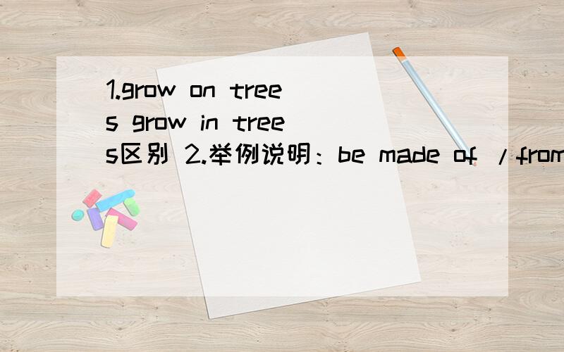 1.grow on trees grow in trees区别 2.举例说明：be made of /from/into/in 答得快的,准确的 1.grow on trees\x05\x05grow in trees区别2.举例说明：be made of /from/into/in3.pleasent-V.-n.-a.-ad.答得快的,准确的