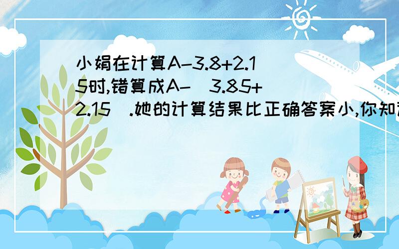 小娟在计算A-3.8+2.15时,错算成A-（3.85+2.15）.她的计算结果比正确答案小,你知道小了多少吗?