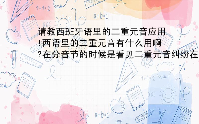 请教西班牙语里的二重元音应用!西语里的二重元音有什么用啊?在分音节的时候是看见二重元音纠纷在一起吗?还是分情况?比如 cien naipe quiedo 这都该怎么分音节?