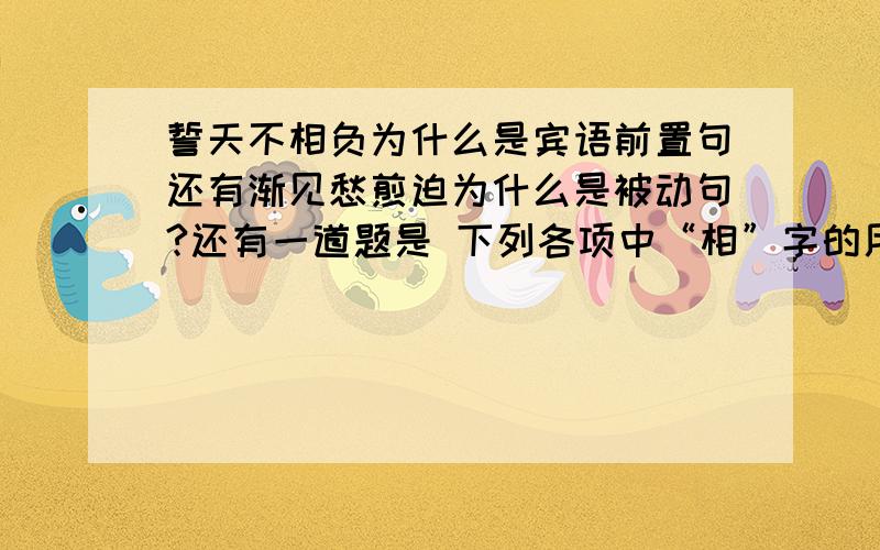 誓天不相负为什么是宾语前置句还有渐见愁煎迫为什么是被动句?还有一道题是 下列各项中“相”字的用法与其他三相不同的一项是A及时相遣归 B誓不相隔卿 C好自相扶将 D仰头相向鸣应该怎