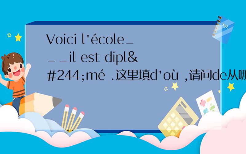 Voici l'école___il est diplômé .这里填d'où ,请问de从哪里来 句子结构是什么