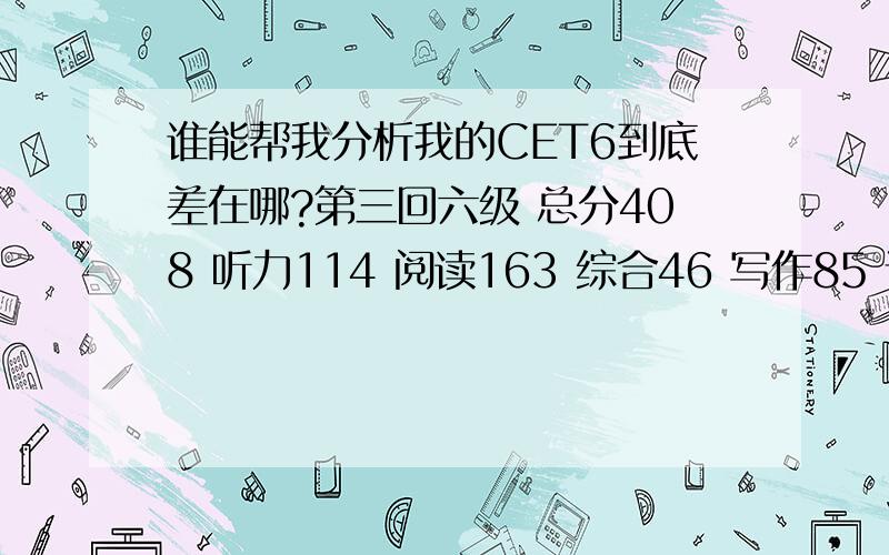 谁能帮我分析我的CET6到底差在哪?第三回六级 总分408 听力114 阅读163 综合46 写作85 请高手我离及格差得多吗?具体差几道题及格,那部分特弱,该怎么办?万分感激,本人处于崩溃边缘.我高中时英