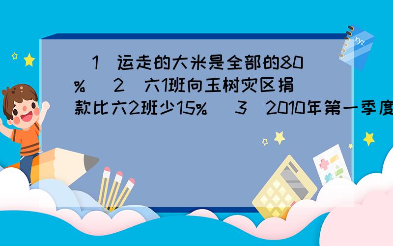 （1)运走的大米是全部的80% (2)六1班向玉树灾区捐款比六2班少15% （3)2010年第一季度安徽省房价上涨了23.6分析上面各题中的数量关系