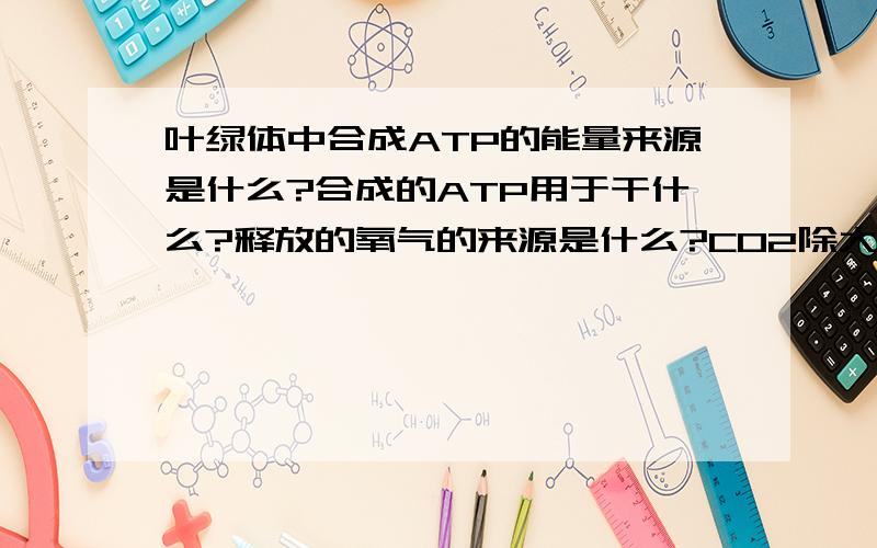 叶绿体中合成ATP的能量来源是什么?合成的ATP用于干什么?释放的氧气的来源是什么?CO2除大气外还来源于什么?(2) 线粒体中合成ATP的能量来源?合成的 ATP用于?吸收的氧气除来自大气外还来源于