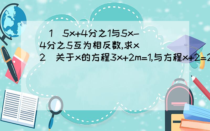 （1）5x+4分之1与5x-4分之5互为相反数,求x （2）关于x的方程3x+2m=1,与方程x+2=2x+1的解相同,求m的值