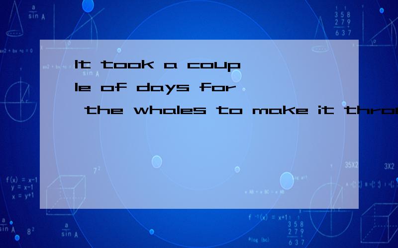 It took a couple of days for the whales to make it through to the open sea.此句怎么译?through ..to 各是什么词性,作何成分?请各位把最正确的解释告诉我,不要误倒我哦!拜托了