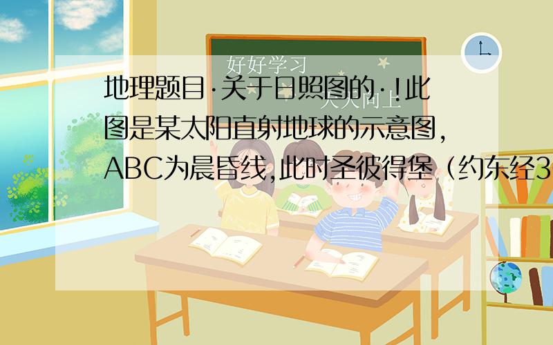 地理题目·关于日照图的·!此图是某太阳直射地球的示意图,ABC为晨昏线,此时圣彼得堡（约东经30度,北纬60度）正值日落.只做第1,2,3,怎么会看不清呢？问题的补充我也补了·！ 此图是某太阳直