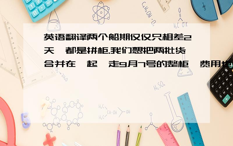 英语翻译两个船期仅仅只相差2天,都是拼柜.我们想把两批货合并在一起,走9月7号的整柜,费用也会低很多,另一票货,由于工厂这几天高温停电,耽误了几天时间,我们不得不再往后推一周,请问是