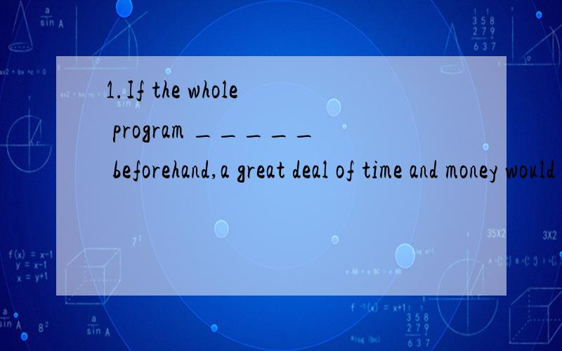 1.If the whole program _____ beforehand,a great deal of time and money would have been lost.A.was not planned \x05B.were not planned\x05C.would not be planned D.had not been planned2.Isn’t it about the time you ___ to do morning exercises?A.began \