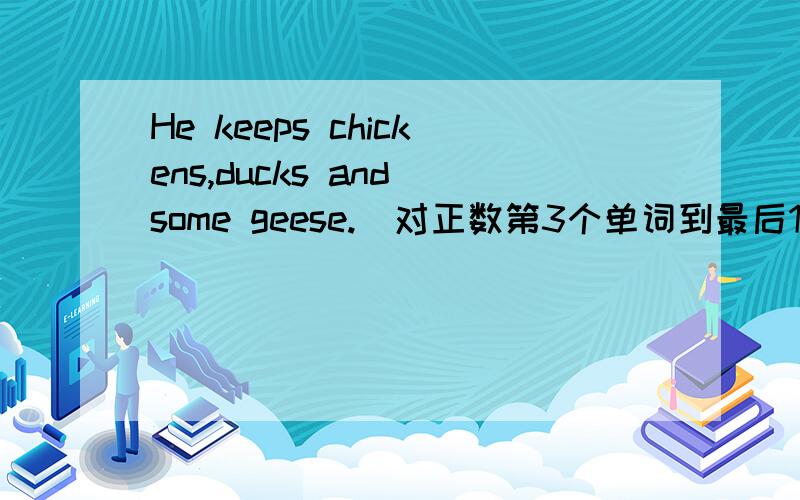 He keeps chickens,ducks and some geese.(对正数第3个单词到最后1个单词进行提问） 、