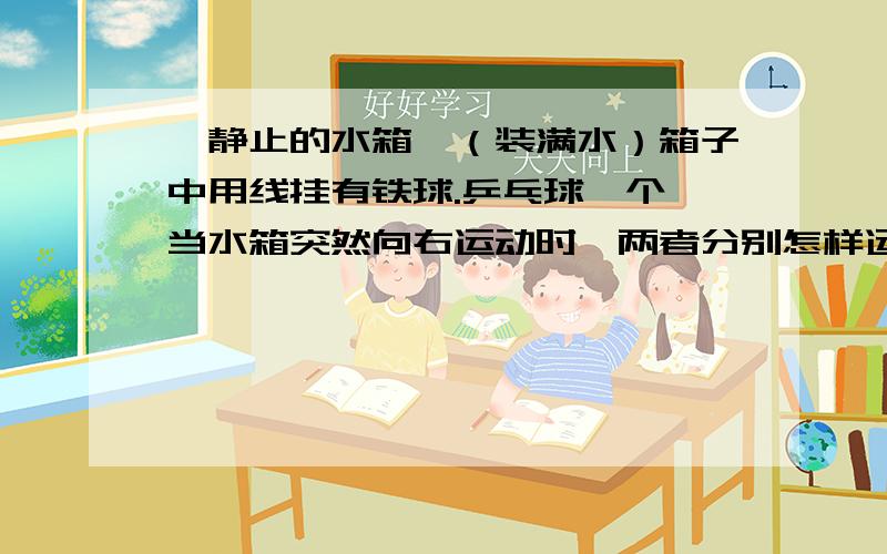 一静止的水箱,（装满水）箱子中用线挂有铁球.乒乓球一个,当水箱突然向右运动时,两者分别怎样运动?铁球挂在上面,由于浮力乒乓球被线拽在下面