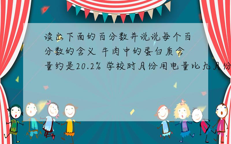 读出下面的百分数并说说每个百分数的含义 牛肉中的蛋白质含量约是20.2% 学校时月份用电量比九月份节约28%