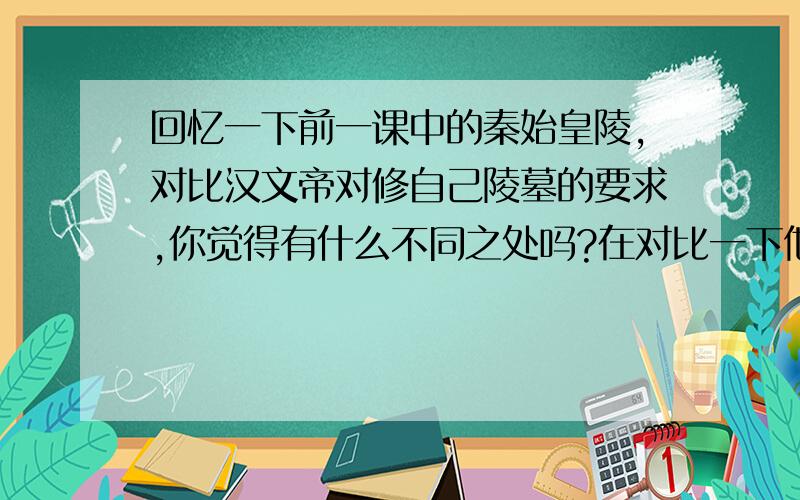 回忆一下前一课中的秦始皇陵,对比汉文帝对修自己陵墓的要求,你觉得有什么不同之处吗?在对比一下他们在位时的作为,说说你的看法