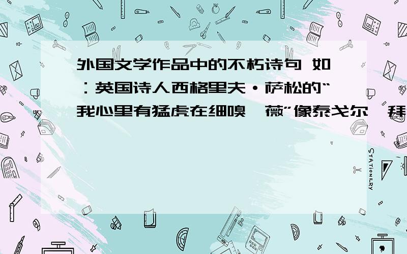 外国文学作品中的不朽诗句 如：英国诗人西格里夫·萨松的“我心里有猛虎在细嗅蔷薇”像泰戈尔、拜伦等耳熟能详的就不用了